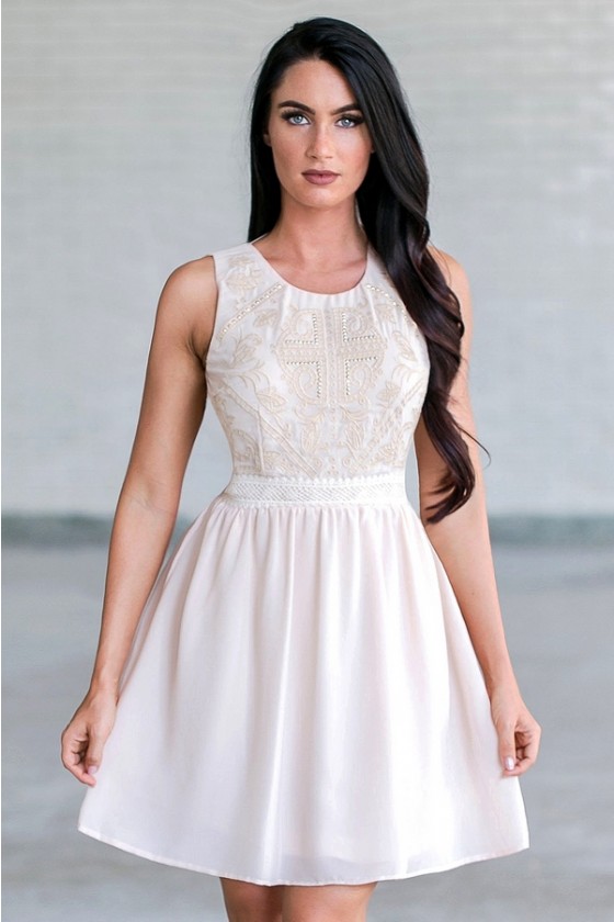 Amanda Embroidered and Embellished A Line Dress in Cream Blush