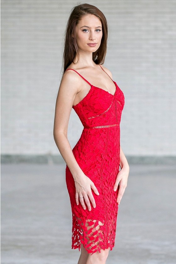 Red Lace Midi Pencil Dress Cute Red Dress Online Lace Cocktail
