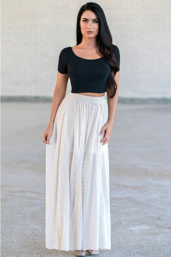 Living Free Crochet Detail Maxi Skirt in Cream | Lily Boutique