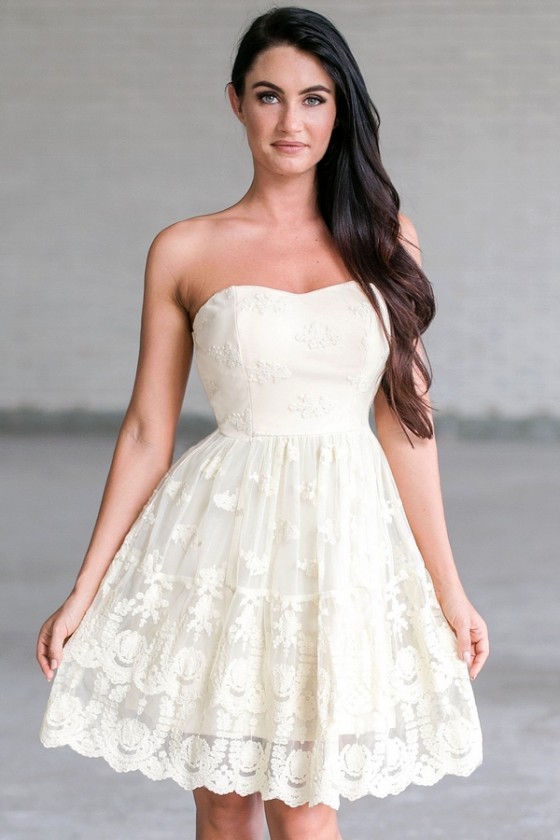 Cream Embroidered A-Line Dress, Cute Rehearsal Dinner Dress Lily