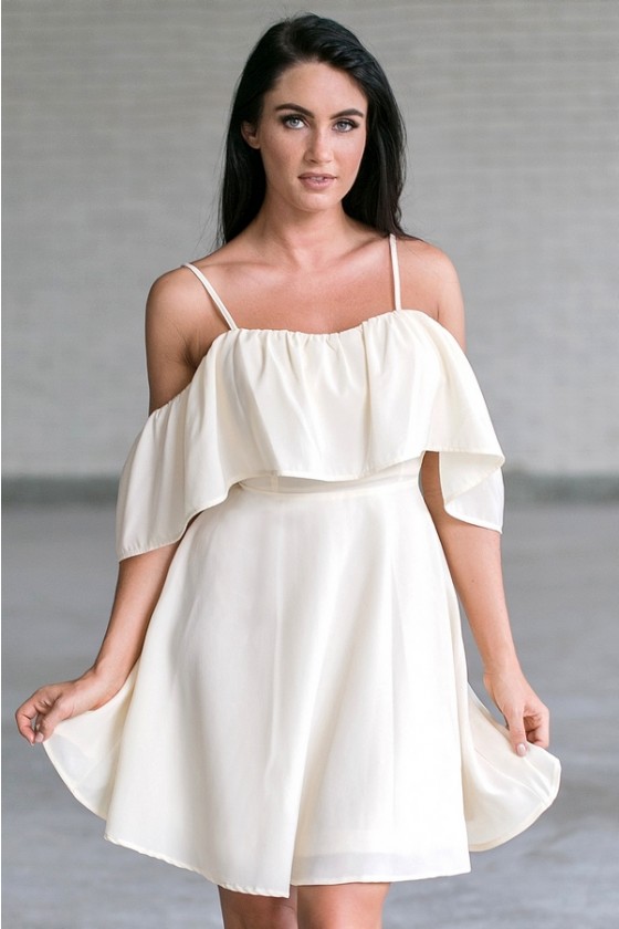 Cream Beige Off Shoulder Ruffle Dress ...