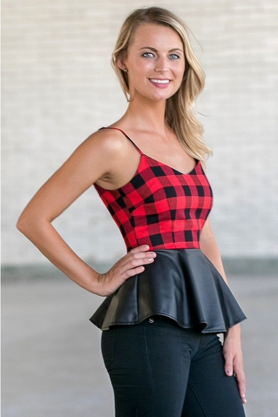 Red plaid top peplum top
