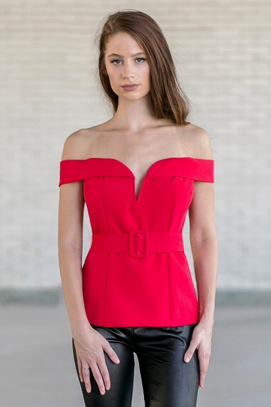 cute red off the shoulder tops