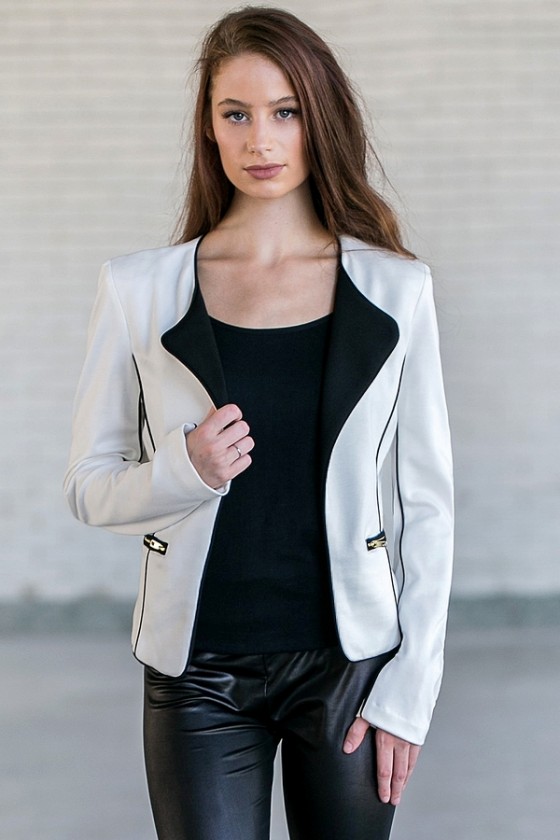 White blazer with black trim 2025