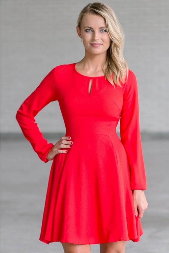 Red Long Sleeve Dress, Cute Red Holiday Dress, Red Party Dress