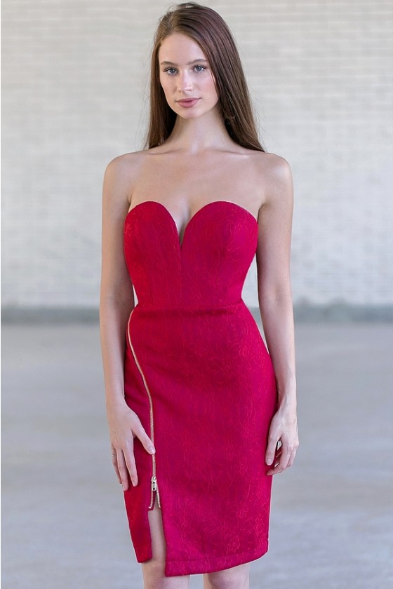 red strapless cocktail dress