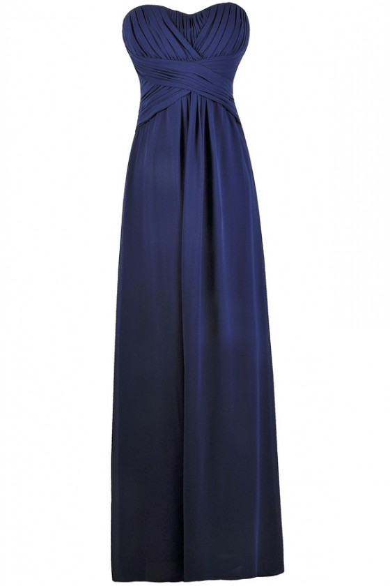 navy blue strapless maxi dress