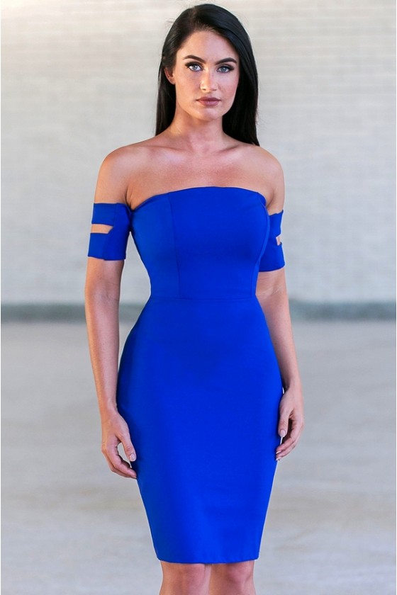 Blue off the shoulder bodycon dress 2025