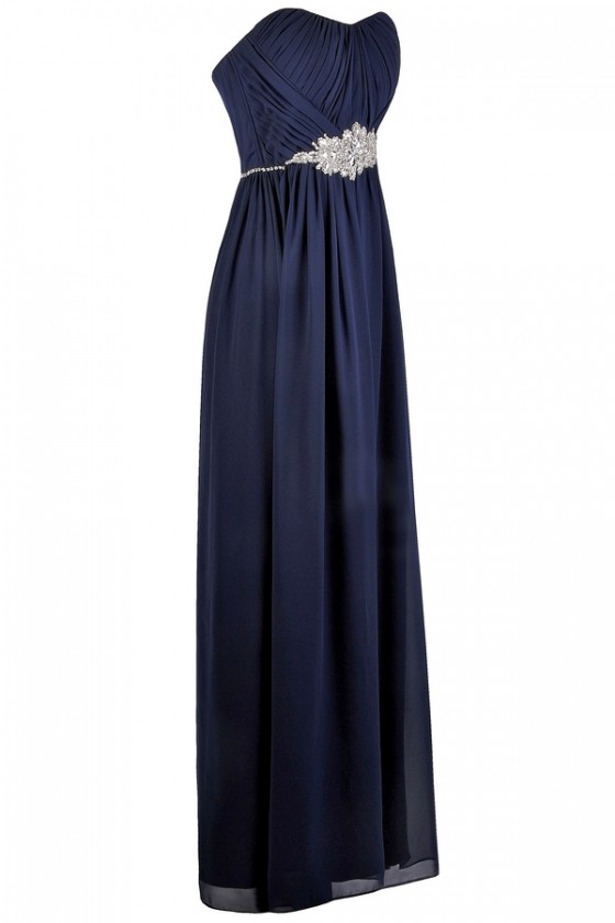Navy Rhinestone Embellished Maxi Prom Dress Navy Blue Maxi