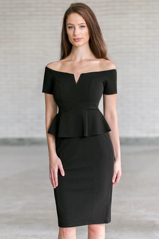 Black Off Shoulder Peplum Pencil Dress, Cute Work Dress, Black Cocktail  Dress