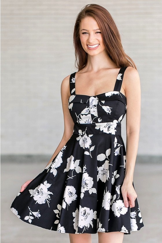 Black and Ivory Floral Print A-Line 