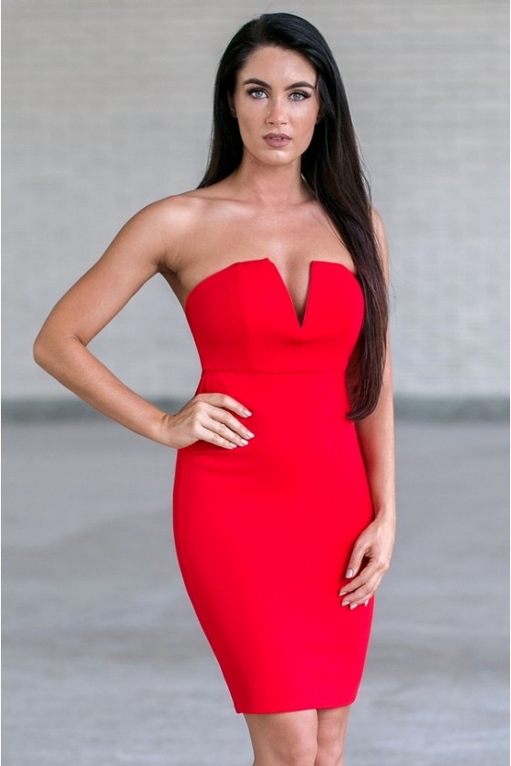 Depths of My Heart V Dip Pencil Dress in Red