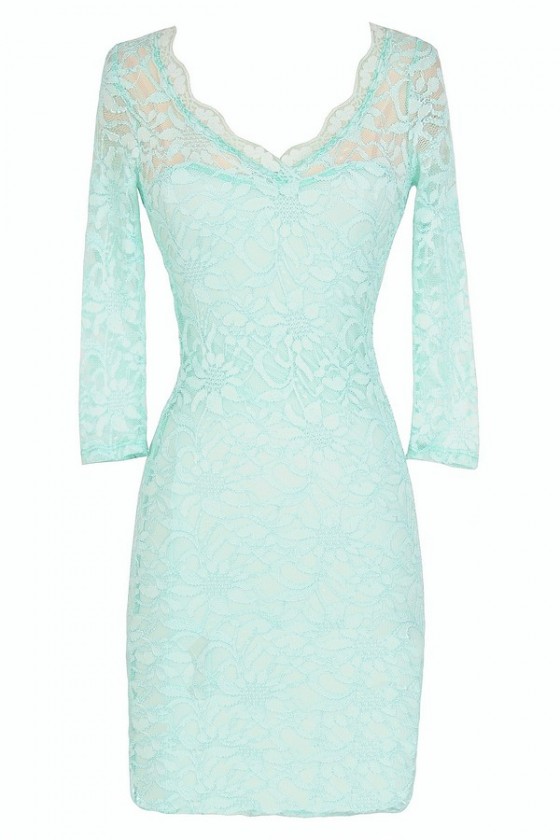 Cute Mint Lace Dress, Mint Lace Bodycon Dress, Mint Lace Three Quarter  Sleeve Pencil Dress, Mint Lace Cocktail Dress, Open Back Fitted Lace Dress  With Three Quarter Sleeves in Mint Lily Boutique