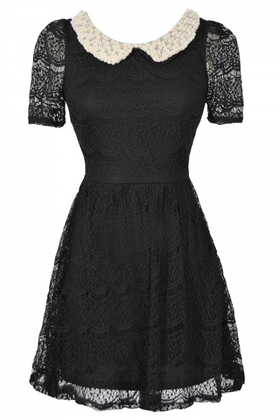 Pearl and Rhinestone Embellished Peter Pan Collar Lace Dress in Black