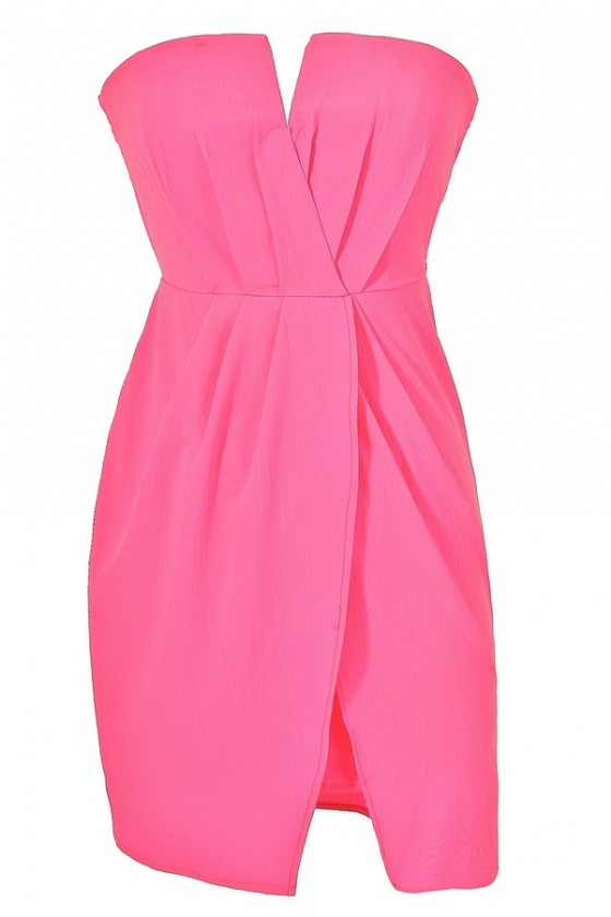 Neon Pink Party Dress, Hot Pink Chiffon Strapless Dress, Neon Pink Dress  Lily Boutique