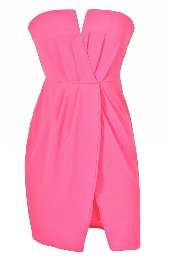 V Dip Chiffon Dress with Tulip Skirt in Neon Pink