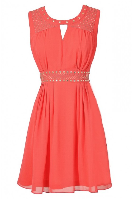 Coral Chiffon Studded Dress Coral Studded Chiffon Party Dress Cute Casual Coral Juniors Dress Gold Studded Chiffon Dress in Coral Lily Boutique