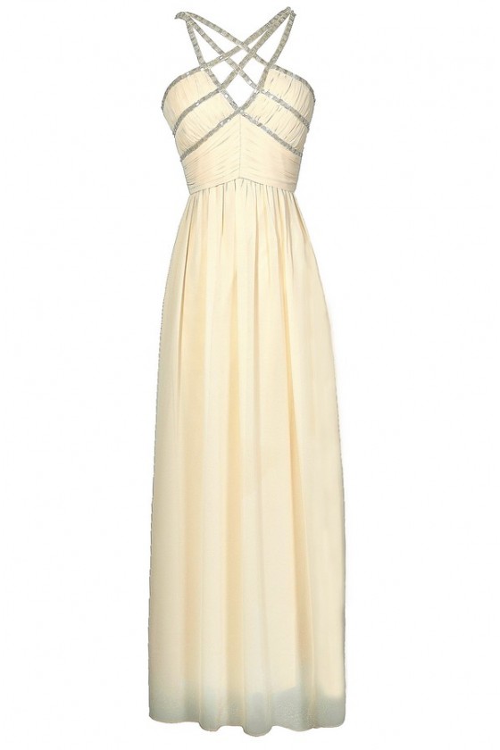 Beige Embellished Maxi Dress, Beautiful Ivory Embellished Maxi Dress, Beaded  Beige Prom Maxi Dress, Ivory Beaded Strap Maxi Dress,Graceful Goddess  Embellished Maxi Dress in Champagne Lily Boutique
