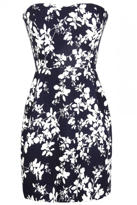 Silhouette Blooms Strapless Dress in Navy Ivory