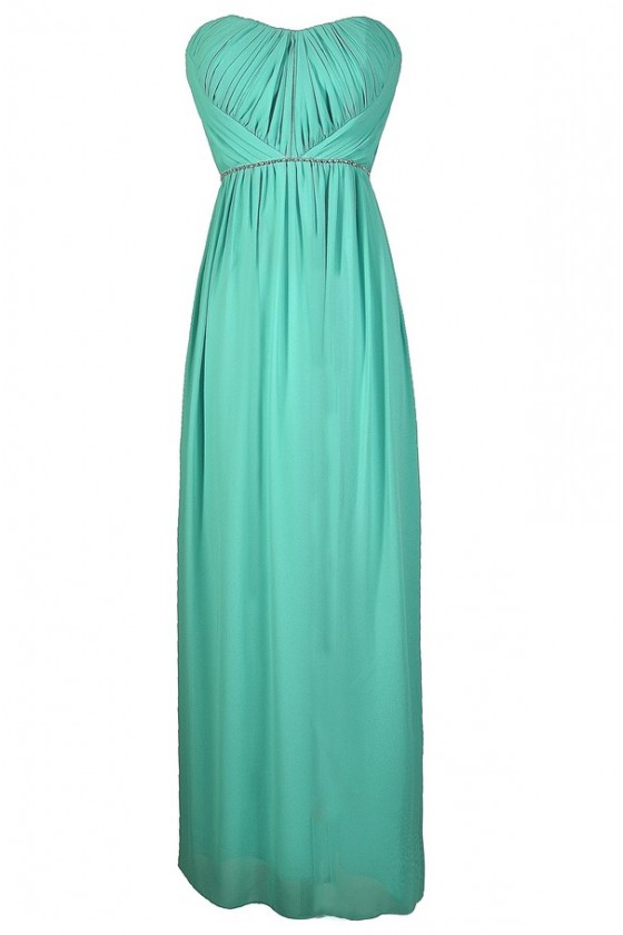Band of Rhinestones Gathered Chiffon Maxi Dress in Teal
