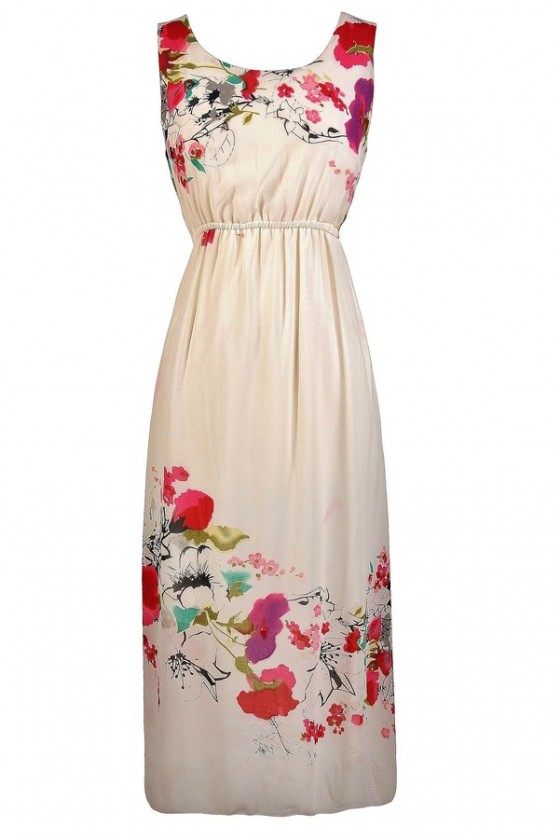 Floral Print Maxi Dress Watercolor Floral Dress Beige And Pink