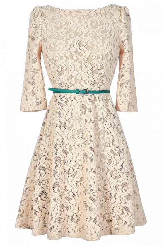 Family Gathering Beige Lace Belted Designer Dress