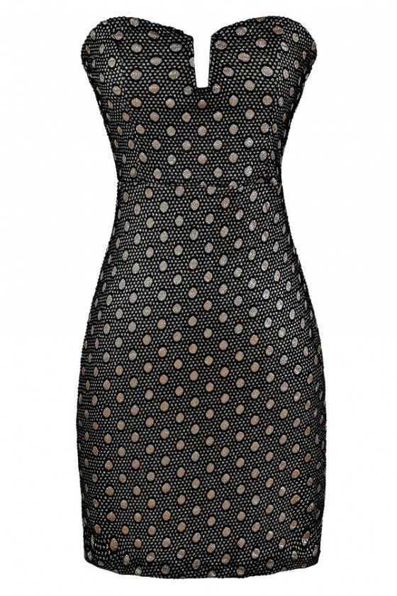 black dress with gold polka dots