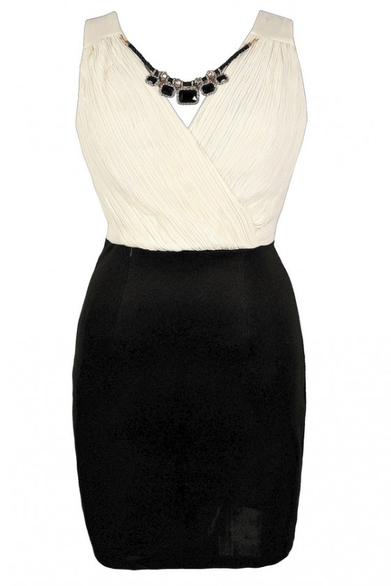 Perfectly Accessorized Crossover Pencil Dress in Black Ivory Plus Size