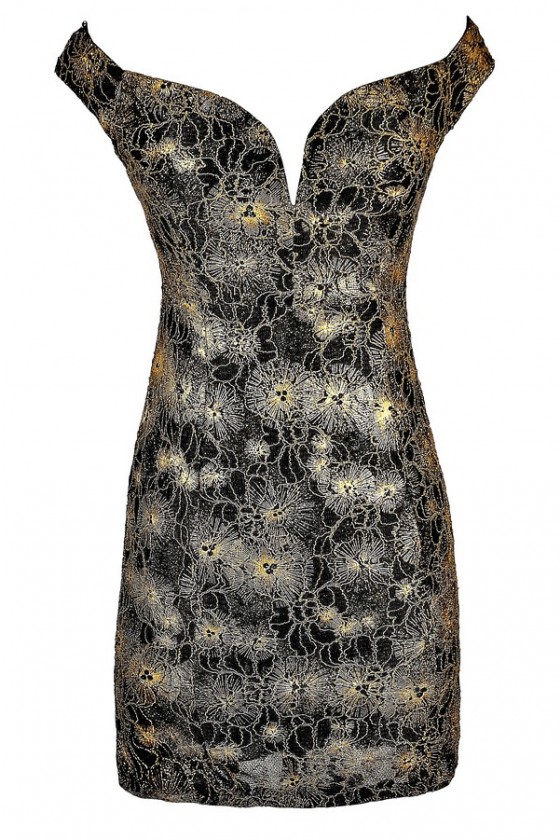 Off the shoulder deals black and gold dress