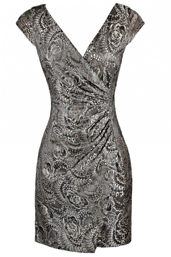 Silver Brocade Wrap Dress Silver Metallic Lace Wrap Dress Silver