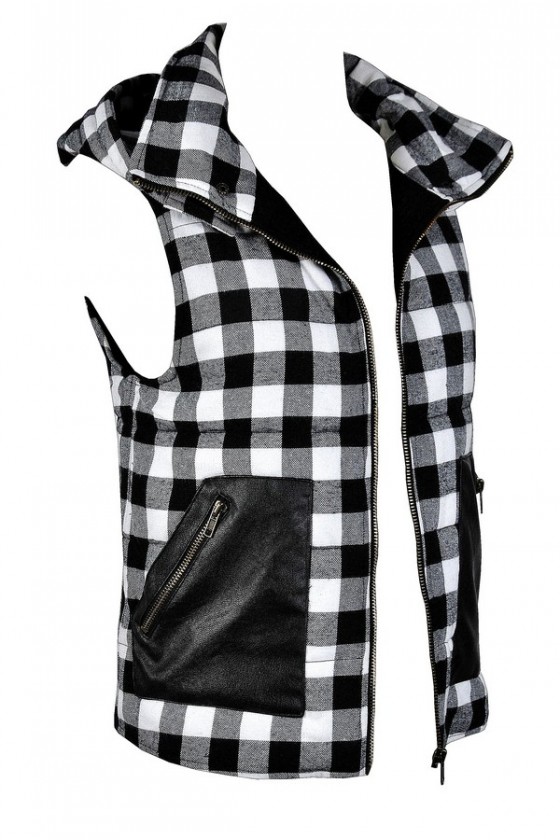Black and White Plaid Leatherette Pocket Vest
