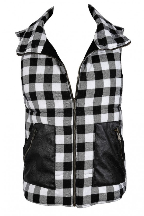 Black and White Plaid Leatherette Pocket Vest