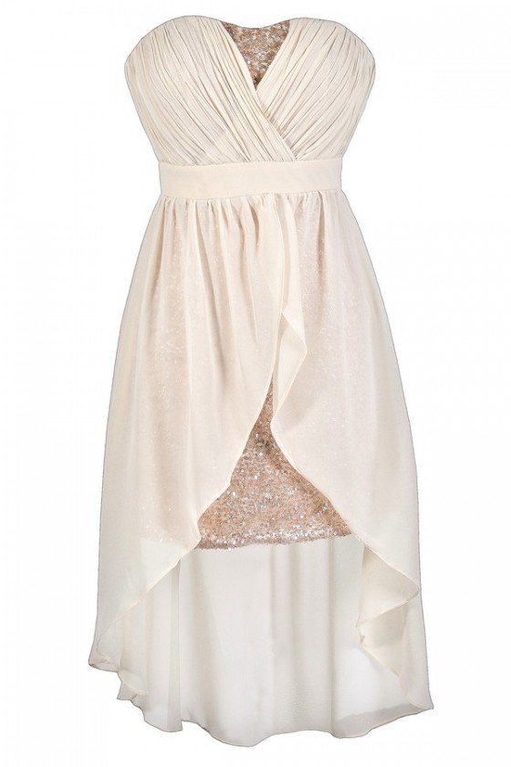 Beige Sequin High Low Dress Beige Sequin Party Dress Beige Sequin Cocktail Dress Beige Party Dress Beige Cocktail Dress Beige Chiffon Dress Ivory and Gold Sequin Dress Ivory and Gold Party Dress