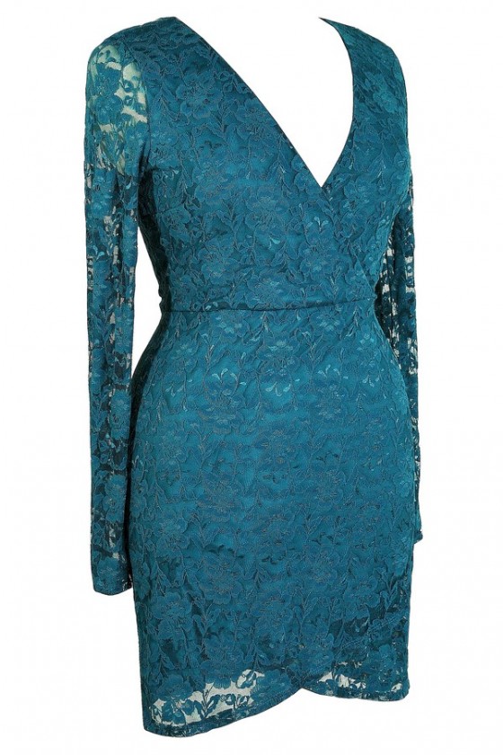Naughty Or Nice Crossover Hemline Longsleeve Lace Dress in Teal Plus Size