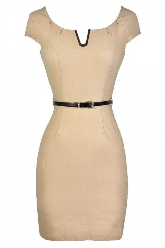 V for Victory Belted Pencil Dress in Beige Lily Boutique