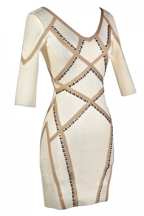 Ivory and Beige Bodycon Dress, Studded Bodycon Dress, Ivory
