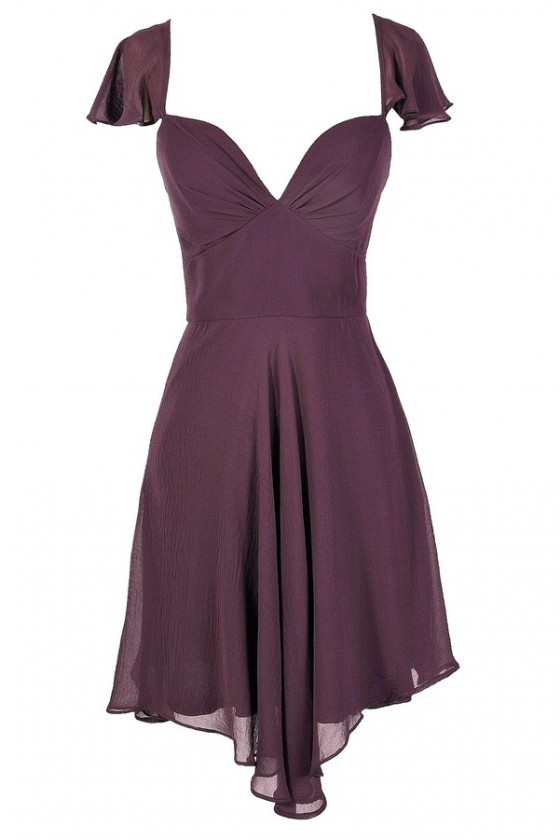 Purple Flutter Sleeve Dress, Cute 