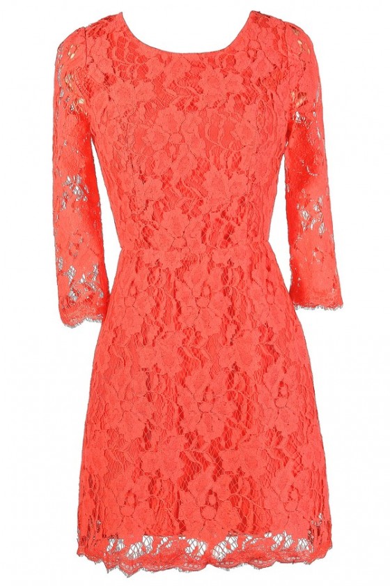 Coral lace dress with sleeves online