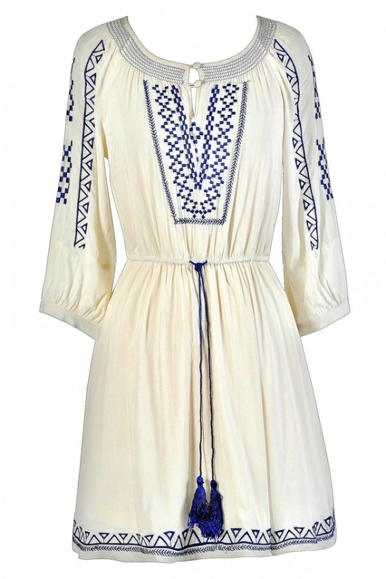 Blue and Cream Embroidered Dress, Cute ...