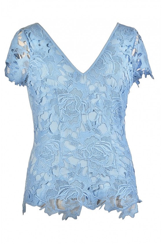Bold Floral Lace Capsleeve Top in Sky Blue- Plus Size