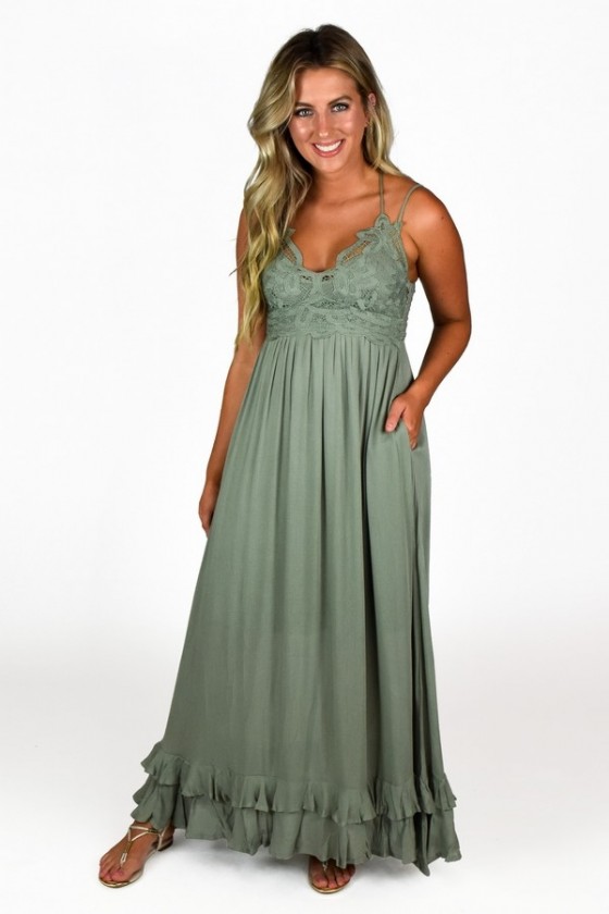 Free Spirit Lace Top Maxi Dress in Light Forest Green