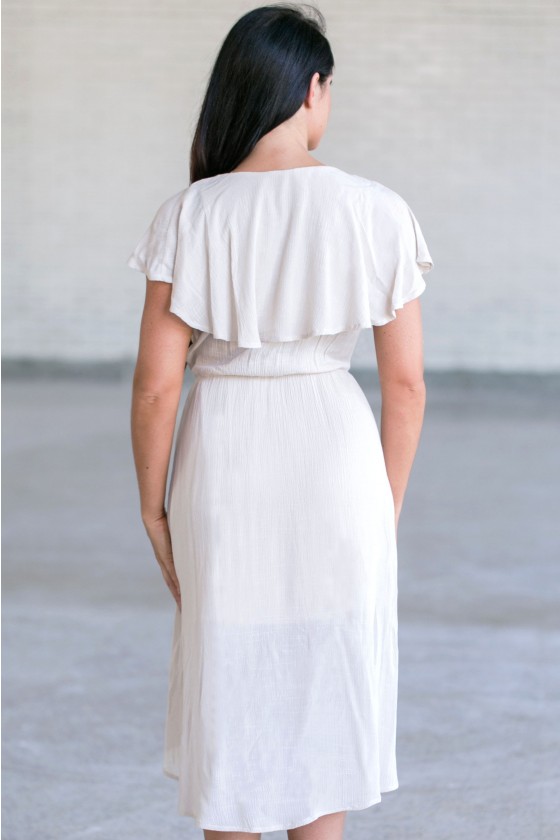 Beige Ruffle High Low Dress, Cute Beige Sundress, Beige