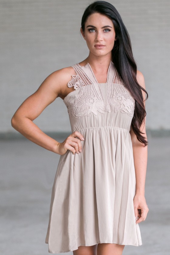 Venice Collar Neck Applique Dress in Taupe
