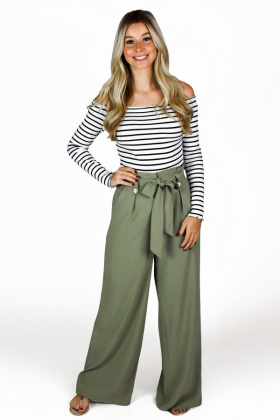 Cute Light Olive Green Wide Leg Tie Front Pants, Cute Green Summer Juniors  Pants