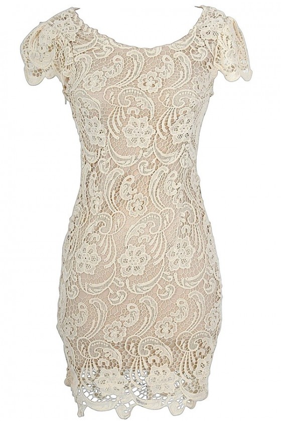 Nila Crochet Lace Capsleeve Pencil Dress in Beige Lily Boutique