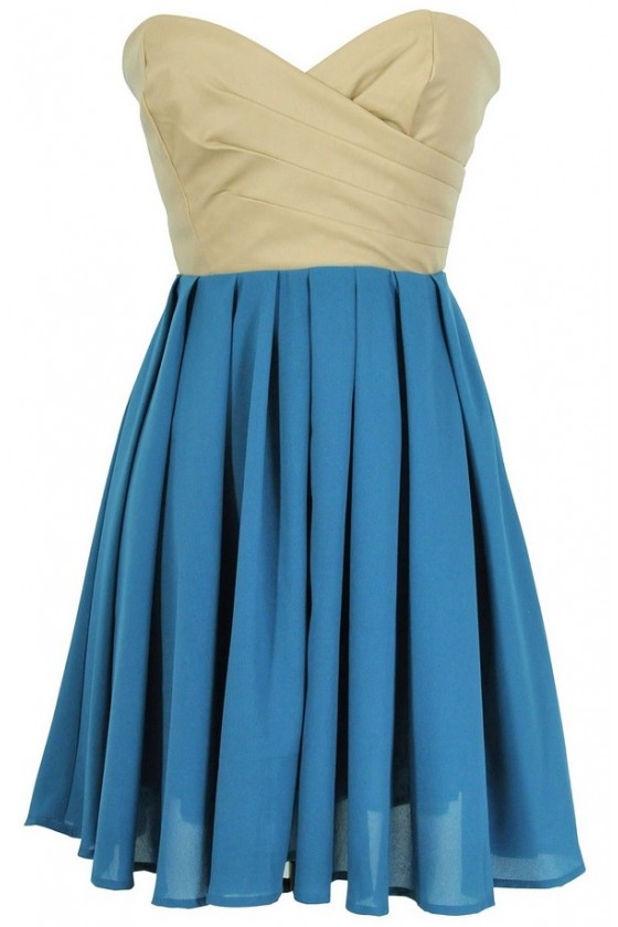 Leatherette and Chiffon Strapless Dress in Teal/Beige Lily Boutique