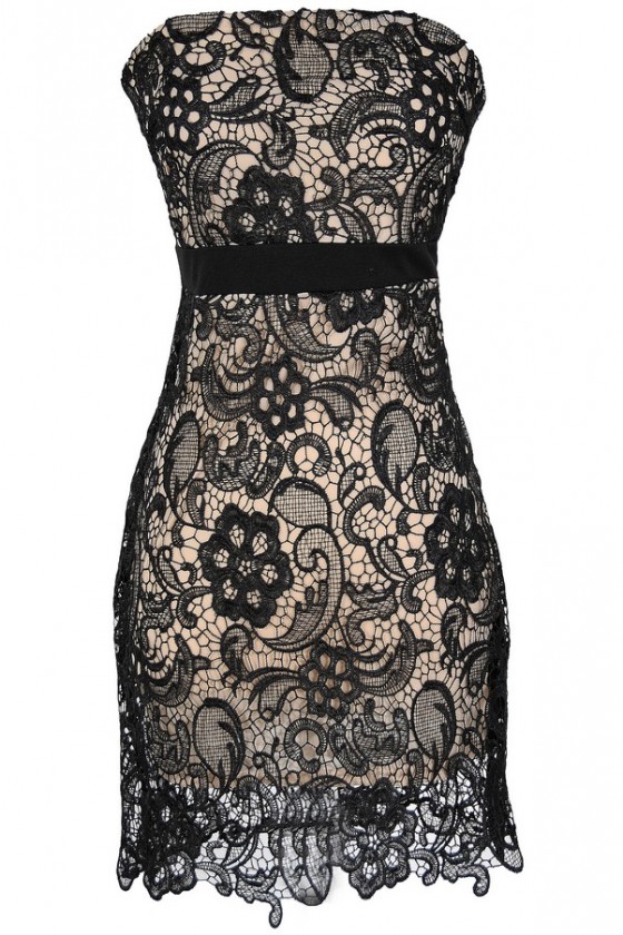 Make A Wish Crochet Lace Strapless Dress in Black/Nude Lily Boutique