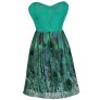 Jade Feather Print Dress, Jade Strapless Party Dress, Cute Summer Dress, Jade Tropical Dress, Tropical Print Dress