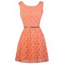Orange Peach Lace A-Line Dress, Cute Orange Peach Lace Dress, Orange Peach Belted Lace Dress