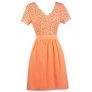 Cute Neon Orange Lace Dress, Neon Orange lace and Chiffon Dress, Neon Orange Capsleeve Dress